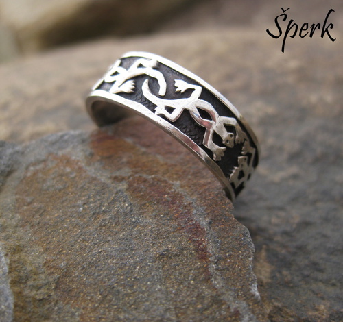 Pánský stříbrný prsten s ornamentem ještěrek. Motiv ještěrek jna stříbrném prstenu je zajímavý a nepřehlédnutelný.