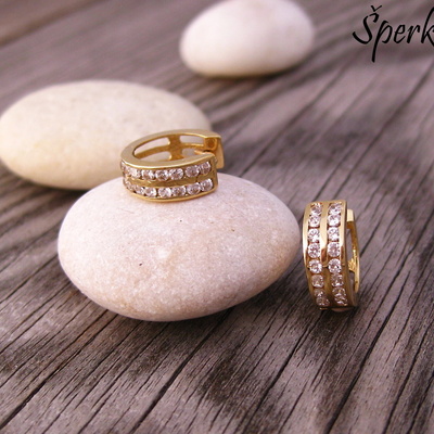 Zlaté kruhy se dvěma řadami zirkonů ~ náušnice ze žlutého zlata