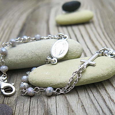 Stříbrný náramek růženec ~ šedá kulička Stříbrný náramek růženec ~ šedá kulička