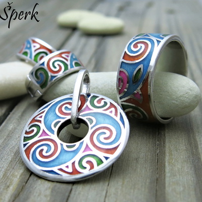 Stříbrná souprava šperků se smaltem ~ prsten, přívěsek a náušnice