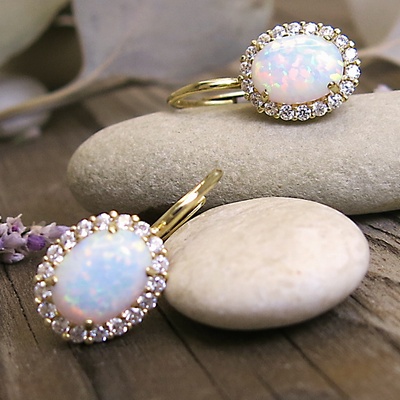 Náušnice žluté zlato ~ opál se zirkony Náušnice žluté zlato ~ opál se zirkony