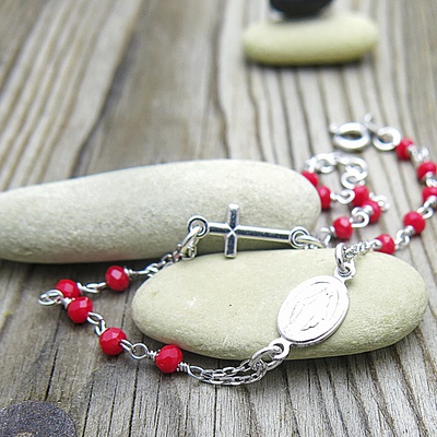 Stříbrný náramek růženec ~ červené kuličky Stříbrný náramek růženec ~ červené kuličky