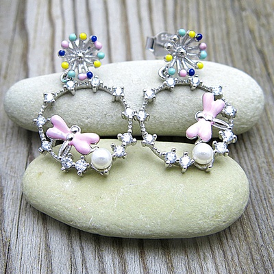 Visací barevné náušnice s vážkami, smaltem a zirkony Visací barevné náušnice s vážkami, smaltem a zirkony