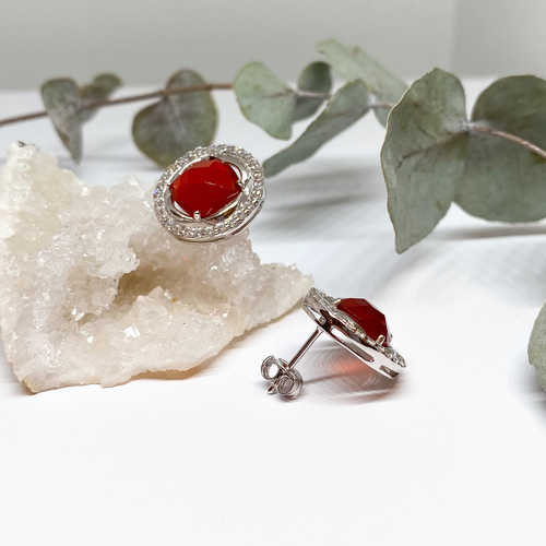 Náušnice s broušeným karneolem a zirkony ~ stříbro  Náušnice s broušeným karneolem a zirkony ~ stříbro  1