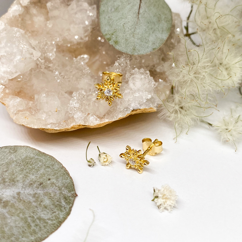 Stříbrné náušnice - sněhové vločky se zirkonem (zlatě rhodiované) Stříbrné náušnice - sněhové vločky se zirkonem (zlatě rhodiované) 1