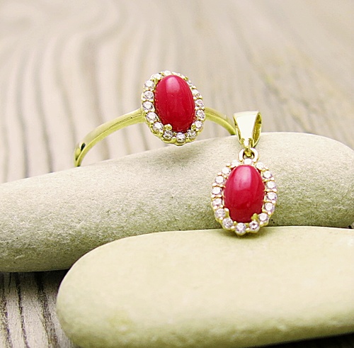 Červený korál a zirkony ~ souprava žluté zlato  1