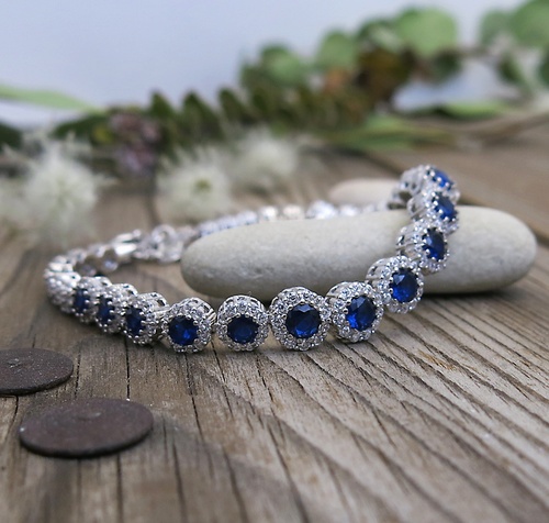 Náramek se zirkony a modrým spinelem ~ stříbro  Náramek se zirkony a modrým spinelem ~ stříbro  1