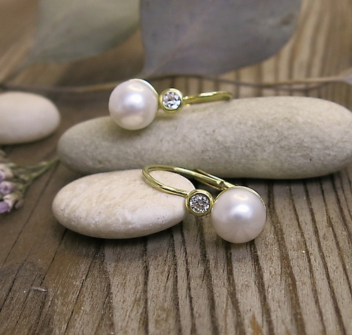 Náušnice s perlou a zirkonem ~ žluté zlato  1