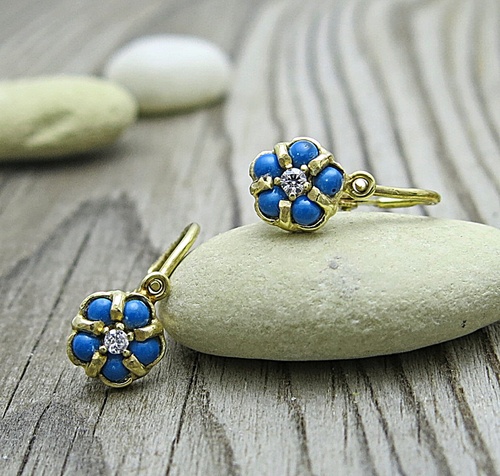 Tyrkys dětské náušnice žluté zlato ~ zirkon Tyrkys dětské náušnice žluté zlato ~ zirkon 1