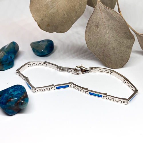 Náramek s modrými syntetickými opály ~ stříbro  1