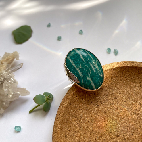 Autorský prsten s lístkem a Amazonitem 1