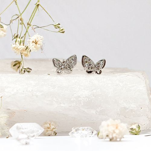Stříbrné náušnice na šroubek - dvojití motýlci se zirkony Stříbrné náušnice na šroubek - dvojití motýlci se zirkony 1