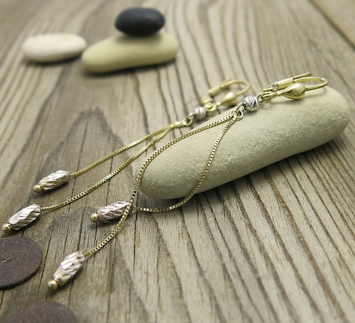 Dlouhé řetízkové náušnice ~ žluté a bílé zlato 1