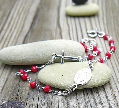 Stříbrný náramek růženec ~ červené kuličky 1