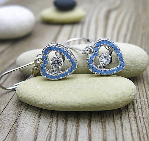 Tančící zirkony s tyrkysovým srdíčkem ~ stříbrné náušnice Tančící zirkony s tyrkysovým srdíčkem ~ stříbrné náušnice 1