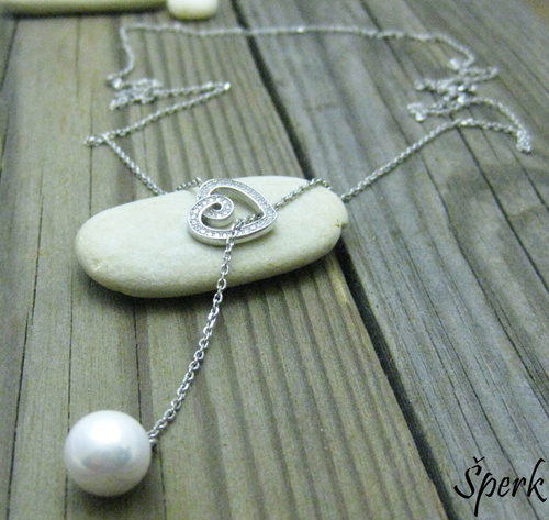 Stříbro, náhrdelník – srdíčko se zirkony, perla 1