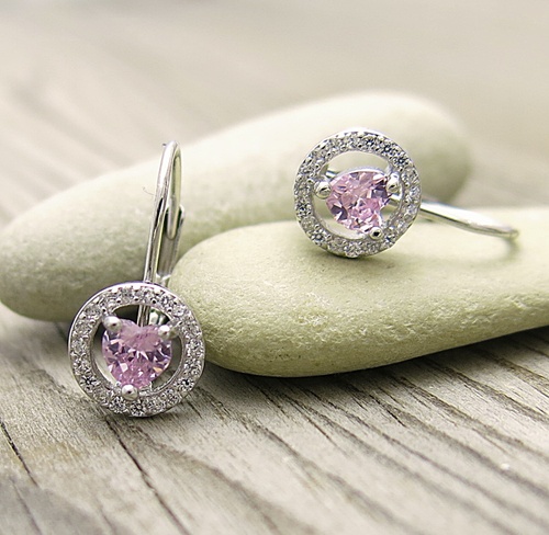 Růžové srdce a zirkony ~ stříbrné náušnice Růžové srdce a zirkony ~ stříbrné náušnice 1