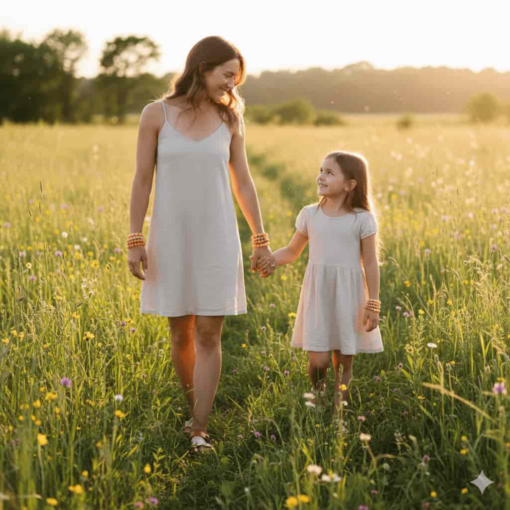 Sluneční kámen náramky maminka a dcera na louce