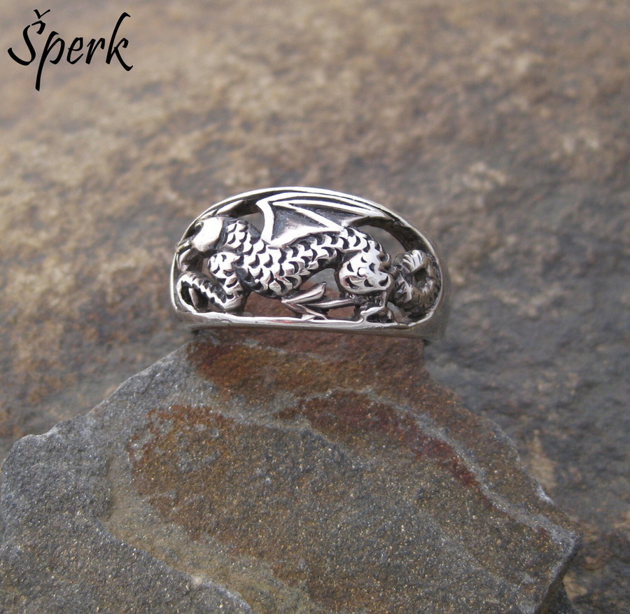 Symbolický drak zachycený ve stříbrném prstenu