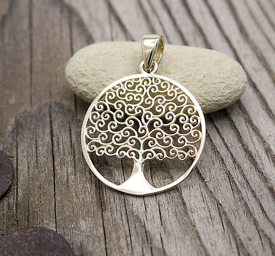 zlatý přívěsek strom života, kruh, strom života, stříbro, symbol vesmírného pořádku