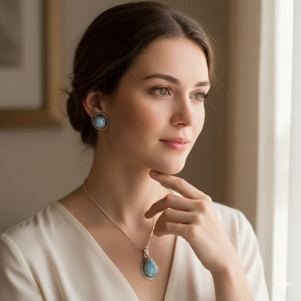 Žena ozdobená larimar šperky